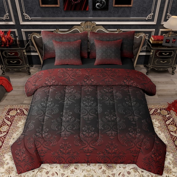Homewish Rustic Victorian Floral 7-Piece Twin Bedding Sets,Red Black Damask Bedding Comforter Set,Baroque Flower Sheet Sets For Adult,Breathable Home Decor Reversible