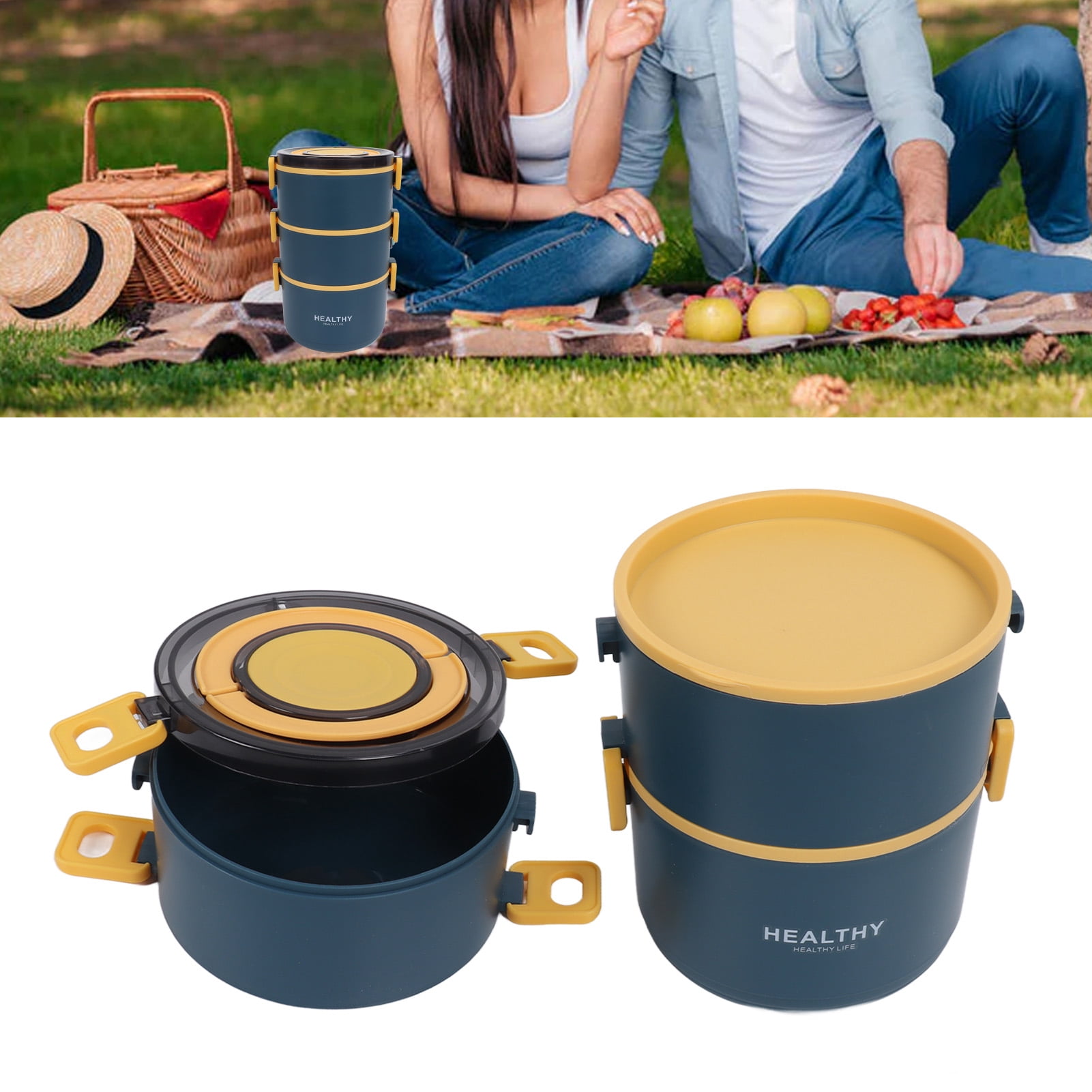 NFTIGB 2200ml Three Layer Stackable Round Bento Lunch Box Portable Thermal Food Container, Blue