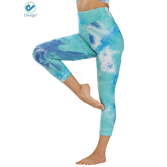 Deago Women's High Waist Yoga Pants Tie Dye Tummy Control Slimming Textured Booty Leggings Running Workout Ruched Butt Lift Pants (Blue, XL)