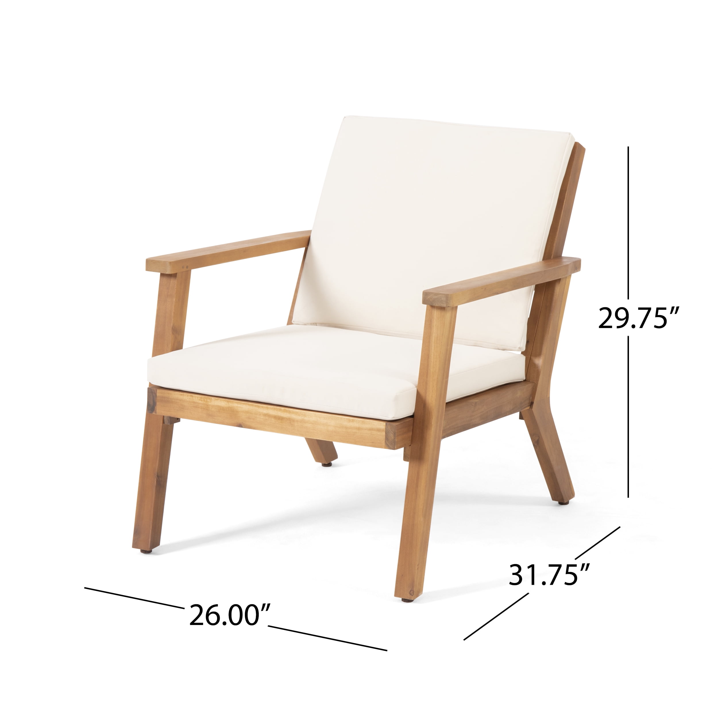 Outdoor Cushioned Single Chair Set of 2, Acacia Wood Frame Relaxing Seats for Patio Garden, Teak and Cream