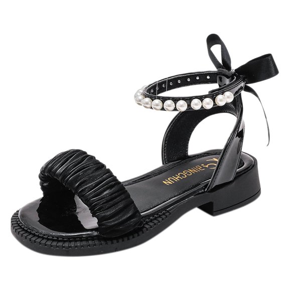LNMQLPDBS Little Girl Shoes Solid Color Pleated Cloth Decoration Sandals with Ankle Strap Kids Open Toe Dress Shoes for Wedding Party Princess Shoes Casual Sandals for Toddler Girls Black 8-9 Years