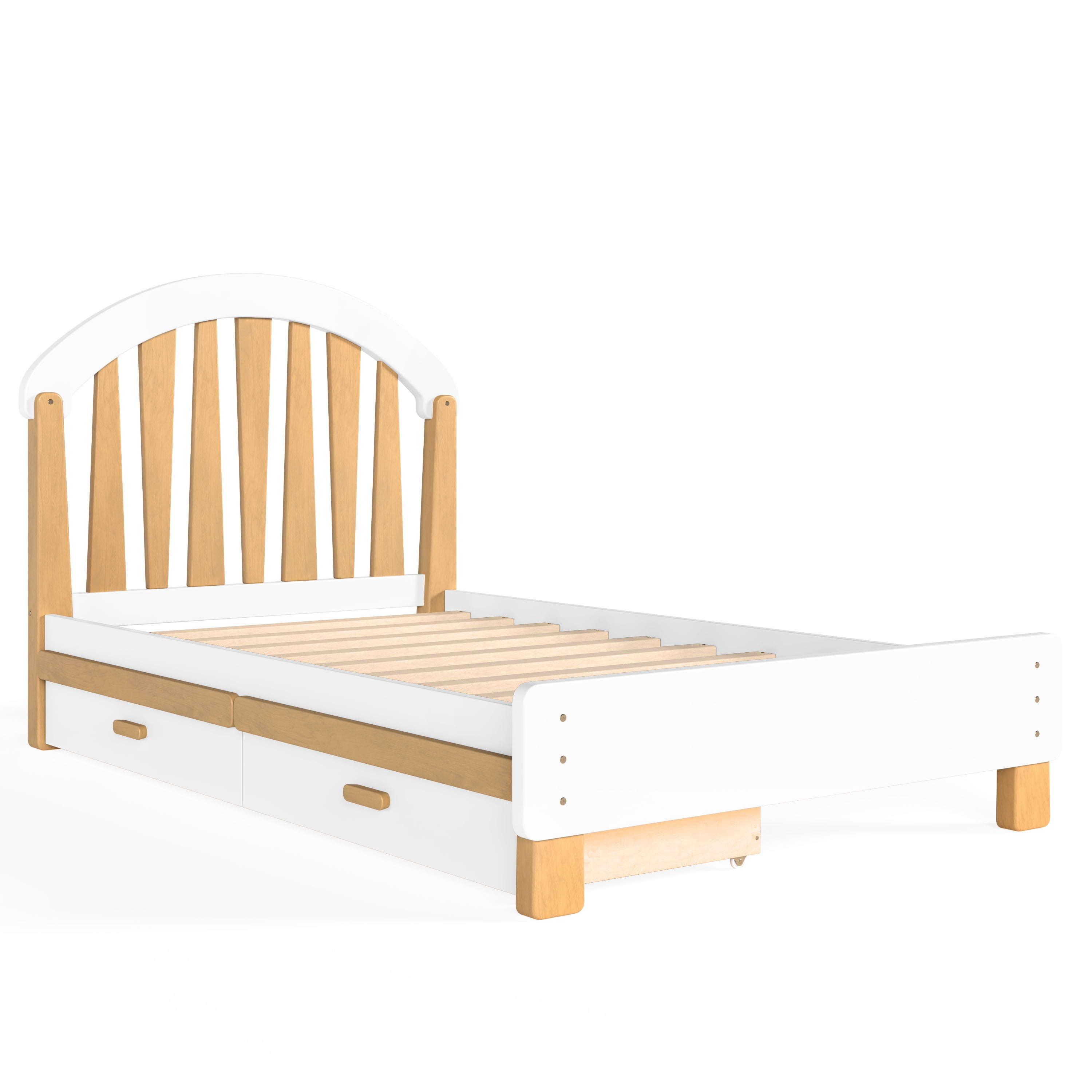 Platform Bed with Storage Drawer and Round Headboard, Twin Solid Wood Bed Frame with No Box Spring Needed for Bedroom, White and Natural