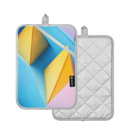 

2 Pcs Pot Holders Sets Oven Mitts Square Potholders Oven Hot Pads Heat Resistant for Kitchen Cooking Baking 7 x9.8 Yellow and Pink Triangles Placed