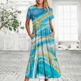 thumbnail image 2 of Penkiiy Women's Summer Casual Short Sleeve Crewneck Dress Casual Flowy Tiered Maxi Beach Dress With Pockets Marble Print Dress 2XL Light Blue, 2 of 7