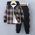 thumbnail image 2 of NIEWTR Toddler Boy Fall Clothes 2T 3T 4T 5T Plaid Hoodie Outfits Winter Long Sleeve Knitted Cotton Tops Pants Plaid Hoodie Sets Contrast Color Color(Brown,7 Years), 2 of 9