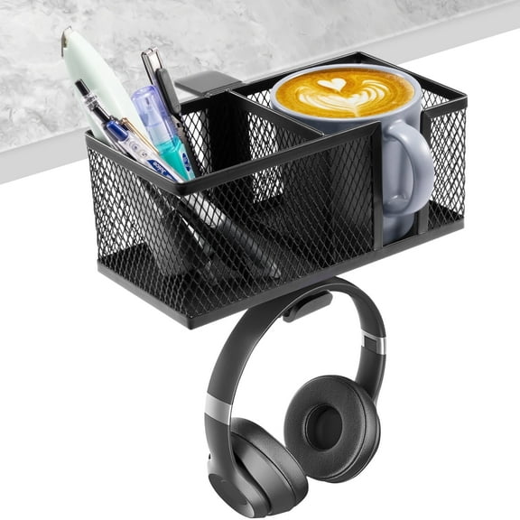 Citqueo 3-in-1 clip-on desktop organizer, holds mugs cell phones and pens. Headphones and data cables can be hung on the rotating headphone holder under the table,(black)