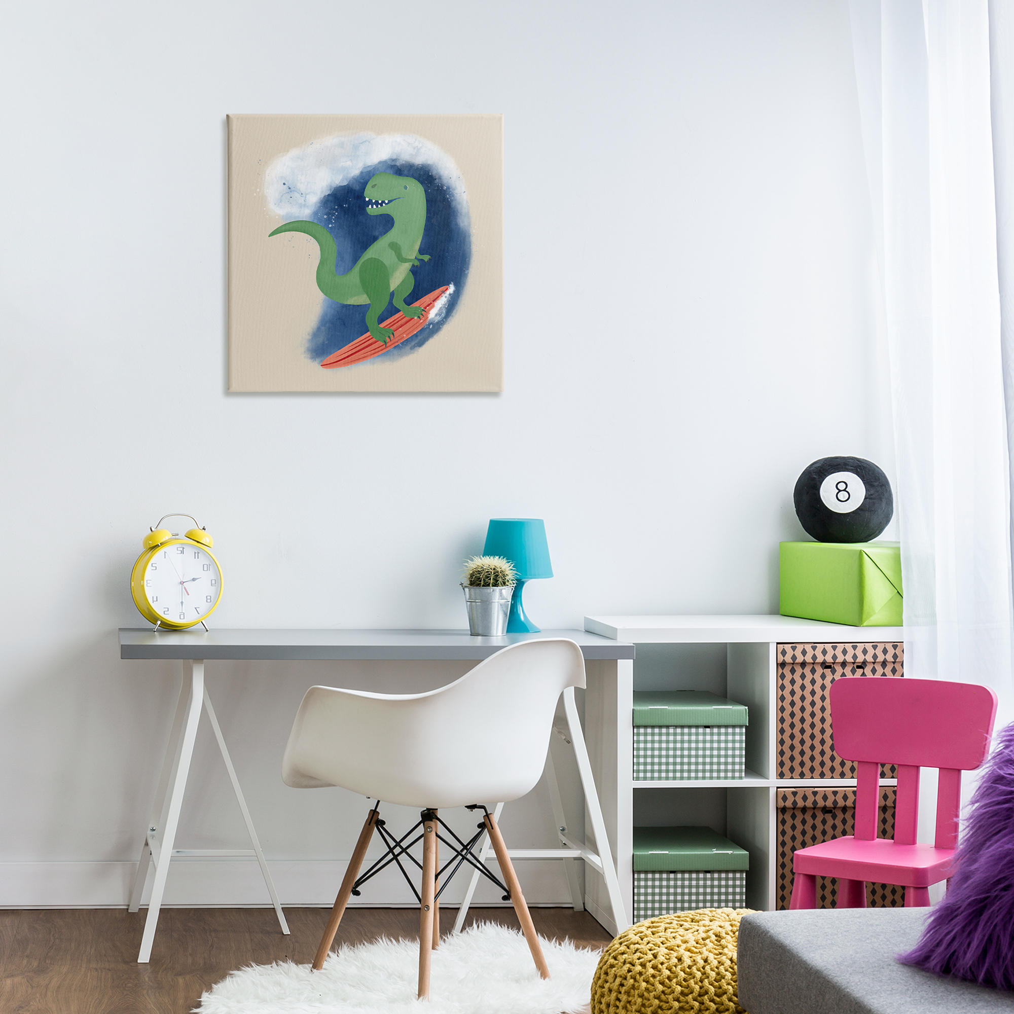 Stupell Industries Surfing Dino T-Rex Novelty & Humor Painting Wrapped Canvas Art Print Wall Art, 24 x 24
