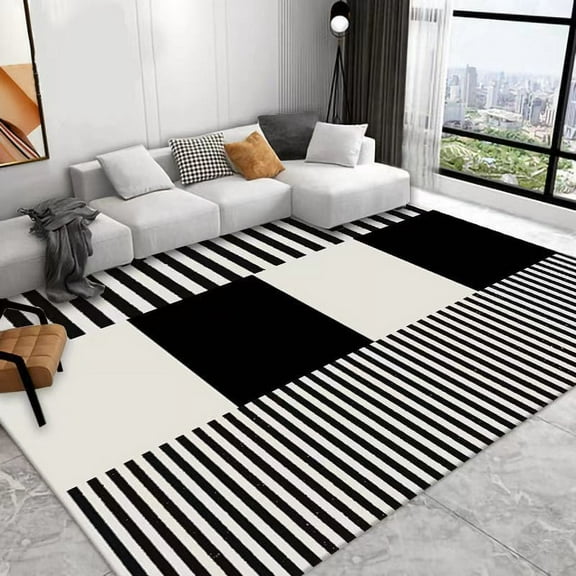 Washable Area Rug Traditional Tiled Area Rug, Vintage, Easy-Cleaning, for Bedroom, Kitchen, Living Room, Non Shedding, Black and White Line Patterns