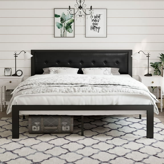 Amolife King Size Metal Platform Bed Frame with Faux Leather Button Tufted Upholstered Headboard, Black
