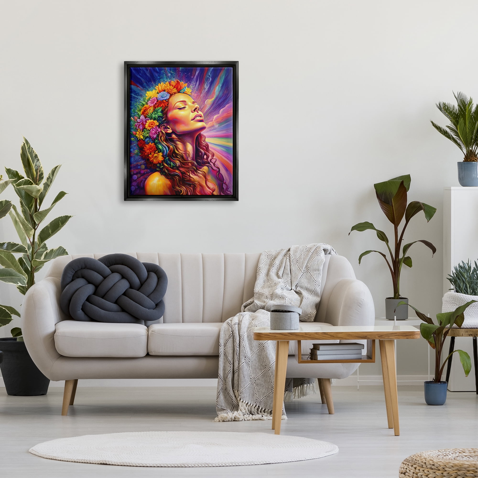 Stupell Industries Woman with Floral Garland Botanical & Floral Painting Black Floater Framed Canvas Art Print Wall Art, 25 x 31