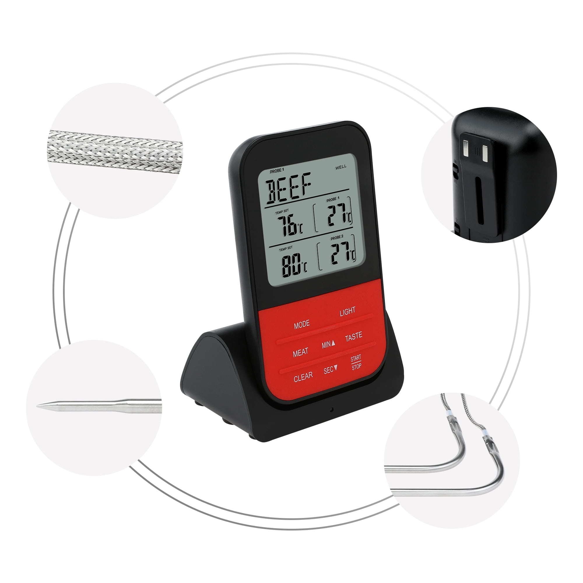 Unique Bargains Digital Meat Thermometer with 2 Probes and LCD Black Curved Needle