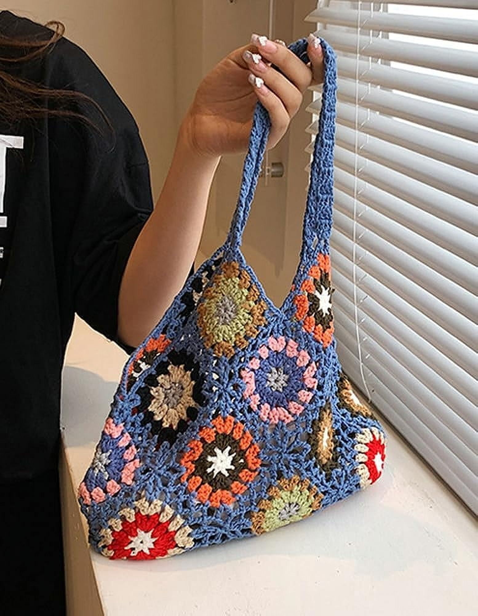 Kukuzhu Cute Floral Knitted Shoulder Bag Women Fairy Y2k Hobo Bag Crochet Small Hand Woven Beach Mesh Tote Purse