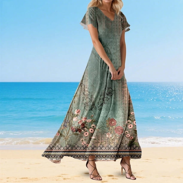 WILLBEST Vestido Bohemio Informal De Verano Para Mujer, Elegante, Con Escote En V, Holgado, Para Playa Y Resort. 2611
