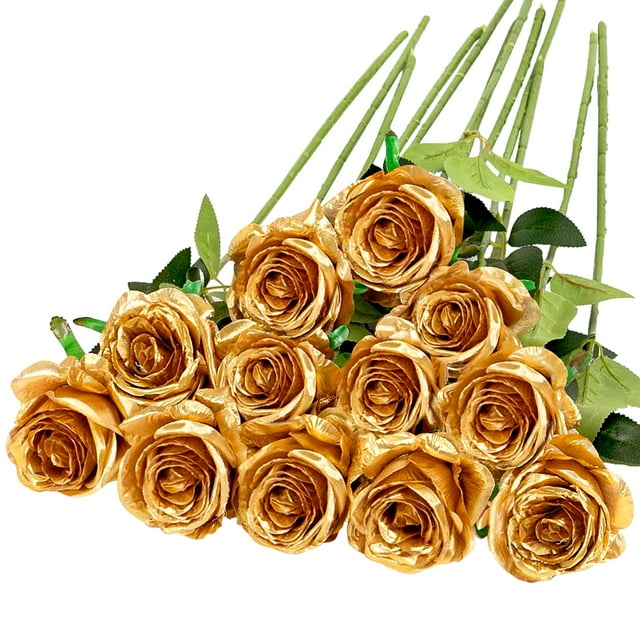 12PCS Artificial Silk Flowers Realistic Roses Bouquet Long Stem for Home Wedding Decoration Party (Gold)