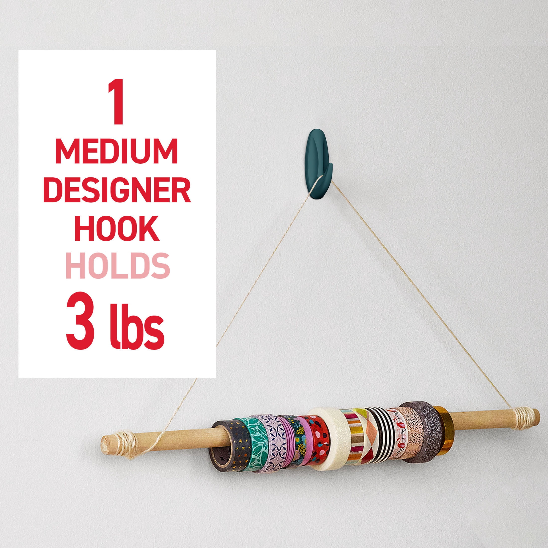 Command Medium Designer Hooks, Twilight Teal, Holds 3 lbs, 4 Hooks, 6 Adhesive Strips
