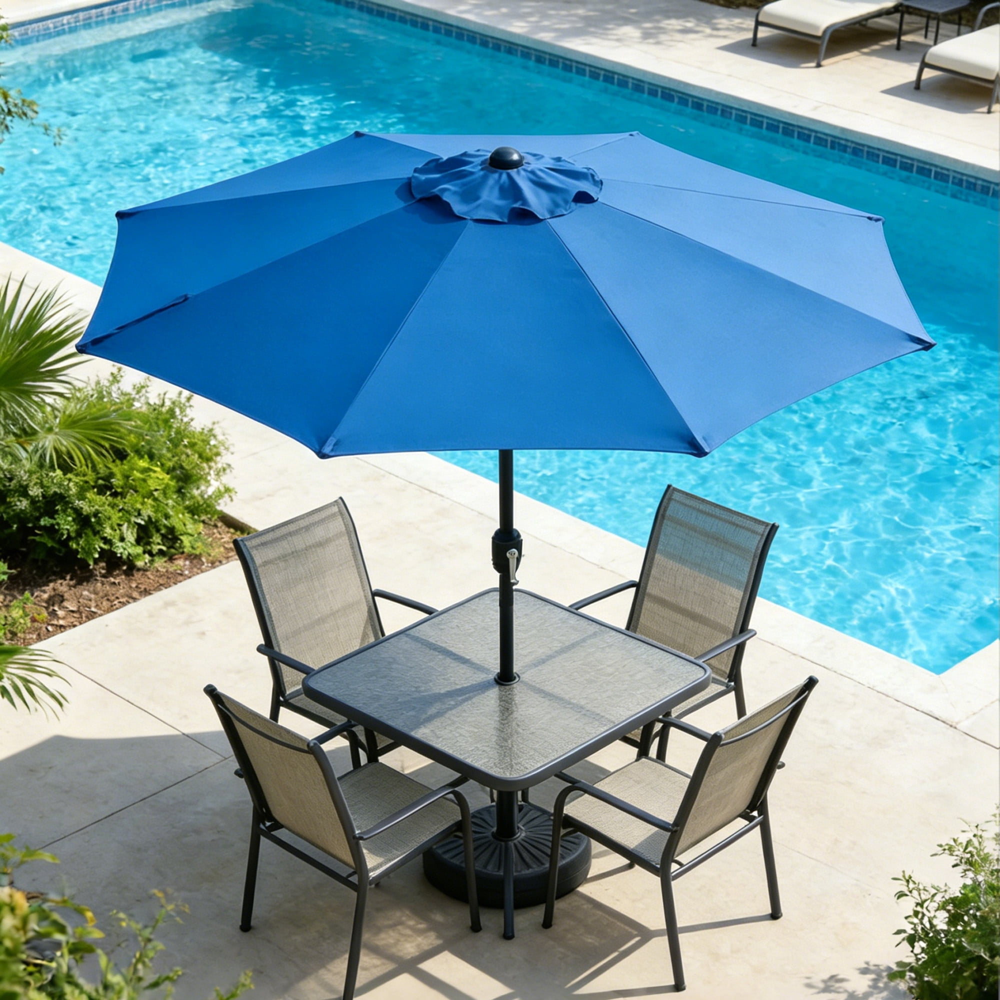 Kool 9 ft Outdoor Patio Market Umbrella with Push Button Tilt and Crank Handle, 8 Steel Ribs, Blue