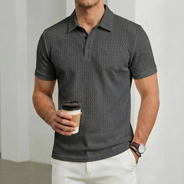 Ceisia Men's Casual Textured Solid Color Polo Shirt Short Sleeve Loose Fit Button Down Collar Top Gift