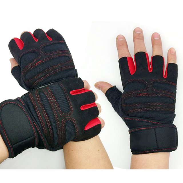 HRSR Men Women Gym Gloves with Wrist Wrap Support for Workout Fitness Weight Lifting(Red,L