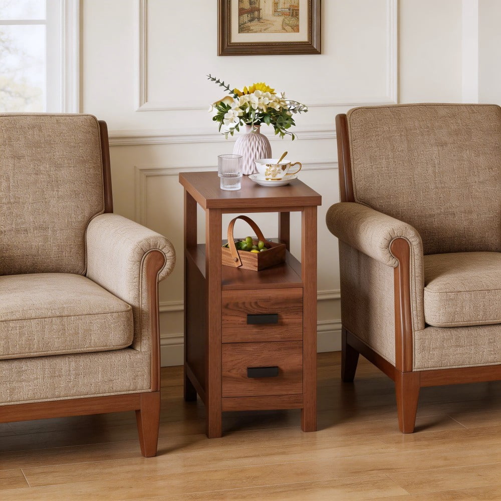 End Table with Charging Station, 2 USB Ports & 2 Outlets, 2-Drawer Nightstand, Small Wood Bedside Table, Rustic Side Table for Bedroom & Office, Walnut