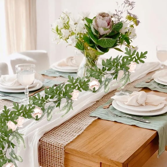 5.9Ft Artificial Garland - Artificial Garland With Flowers White Roses Breath Garland Wedding Party Centerpiece Table Runner Decor