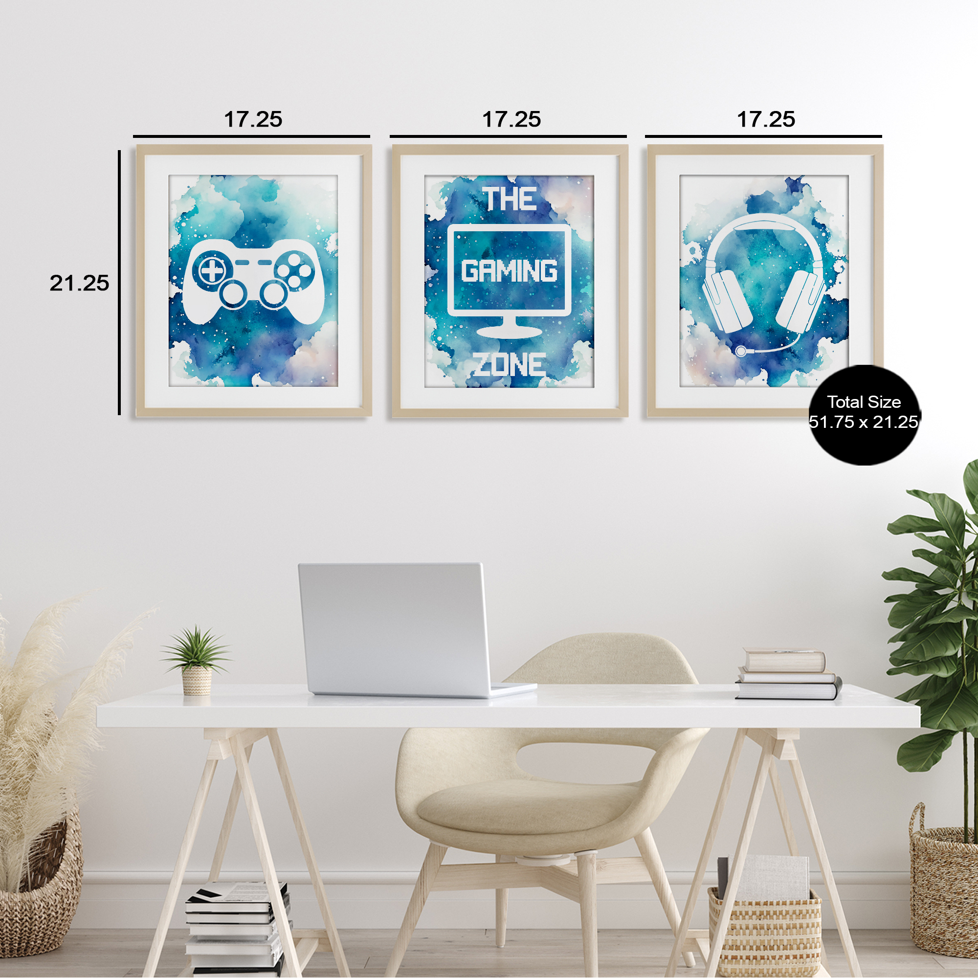 Blue Gamer Splatters 3 Piece Birch Framed Print Under Glass Set, design by Marcus Prime