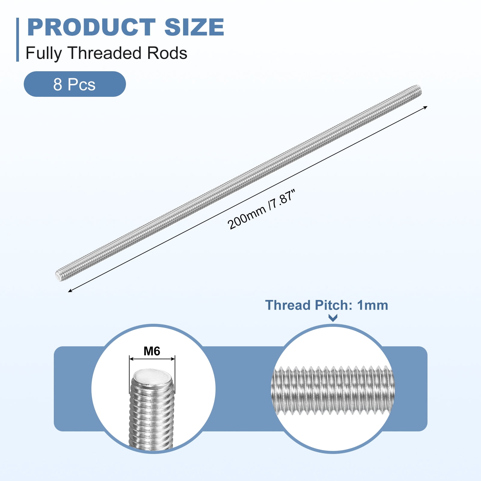 8Pcs M6-1.0x200mm Fully Threaded Rods, 304 Stainless Steel Thread Bar Studs