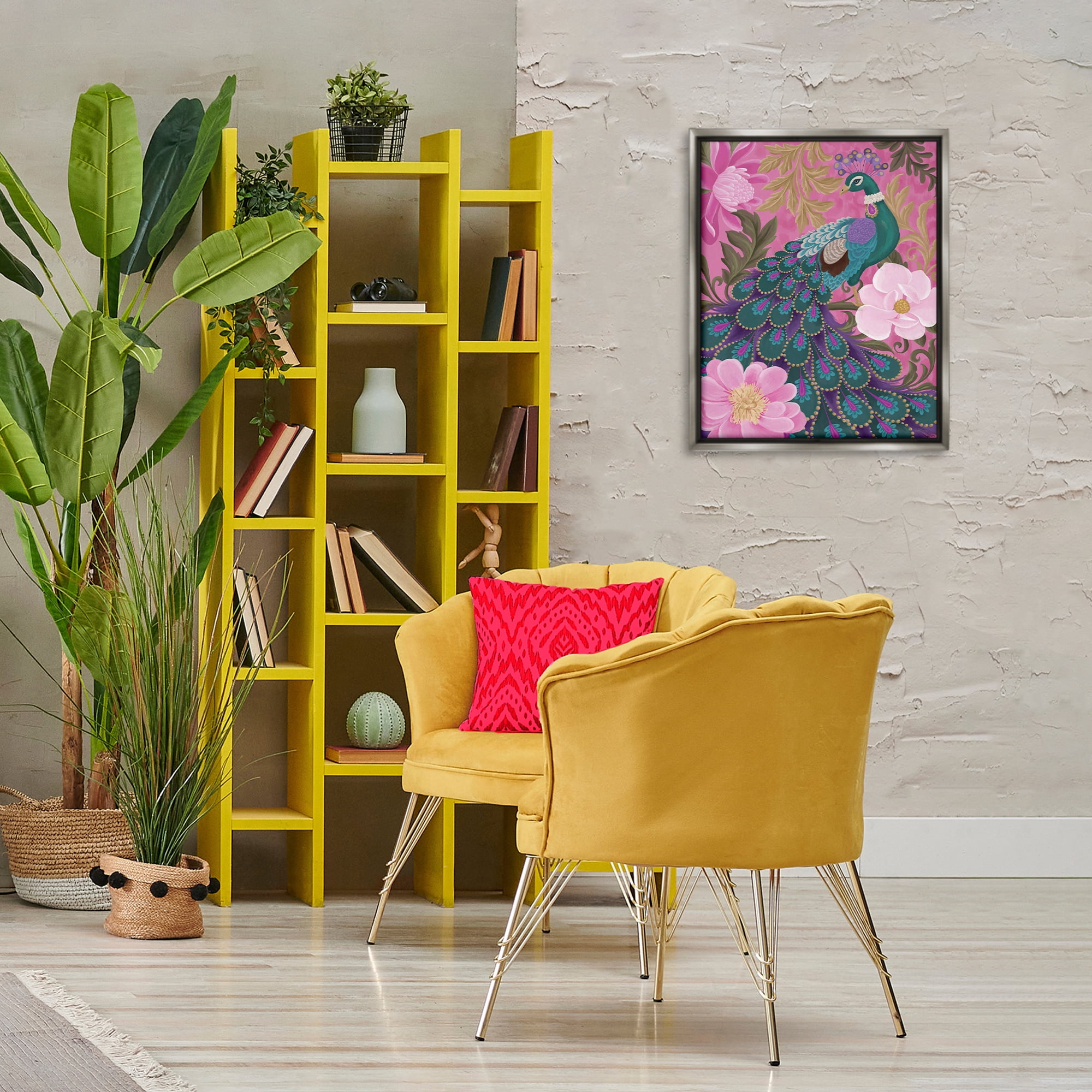 Stupell Industries Peacock & Pink Blossoms Animals & Insects Painting Gray Floater Framed Canvas Art Print Wall Art, 17 x 21