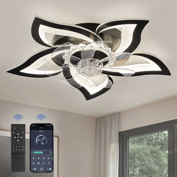 Zardon 27" Flower Ceiling Fan with LED Lights and Remote Control, Flush Mount Ceiling Fan for Indoor Bedroom Living Room, Low Profile - Black