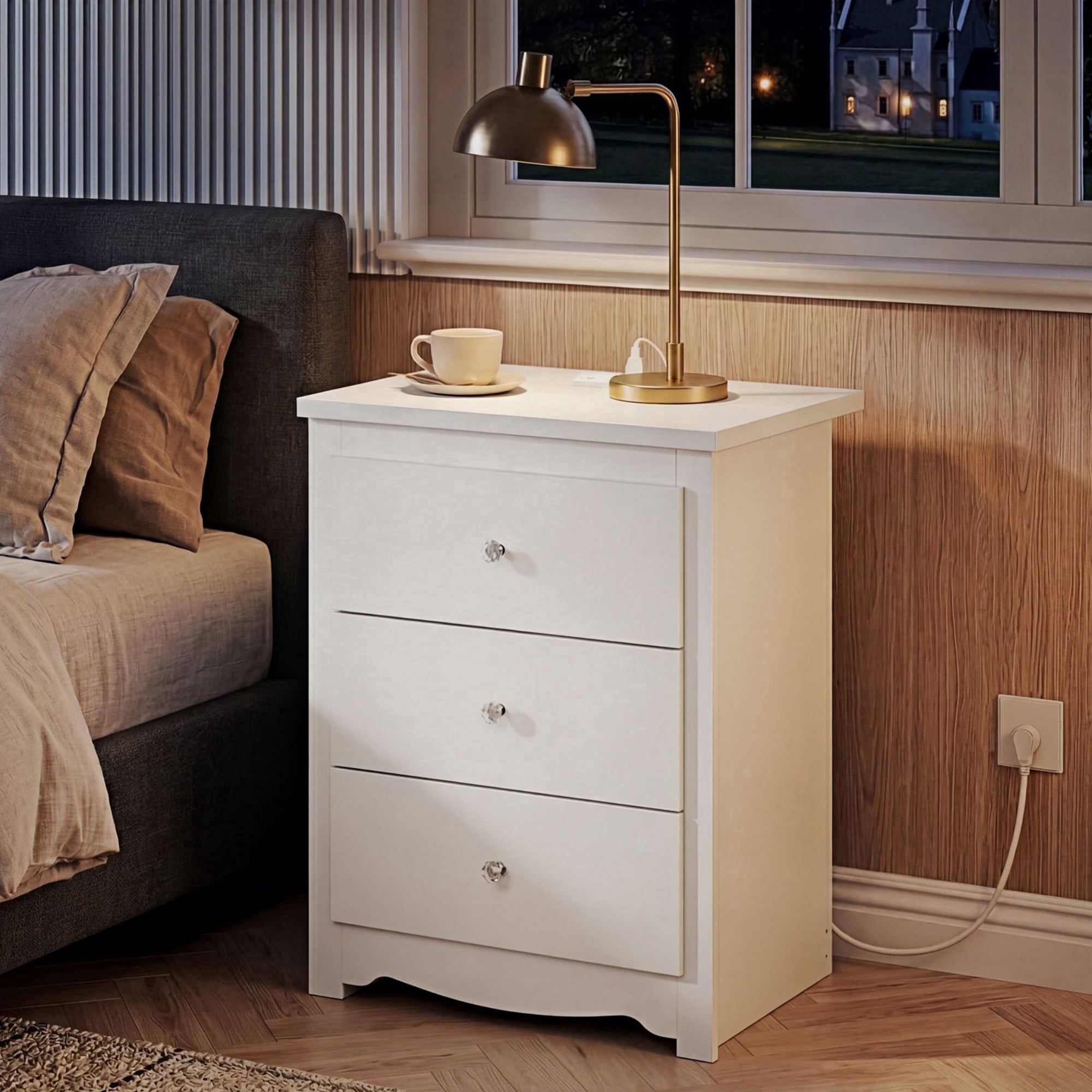 GALAXHERO Tall White Nightstand with Charging Station and 3 Drawers, Wood Bedside End Table with 2 USB Ports & 2 AC Outlets for Bedroom Living Room Dorm