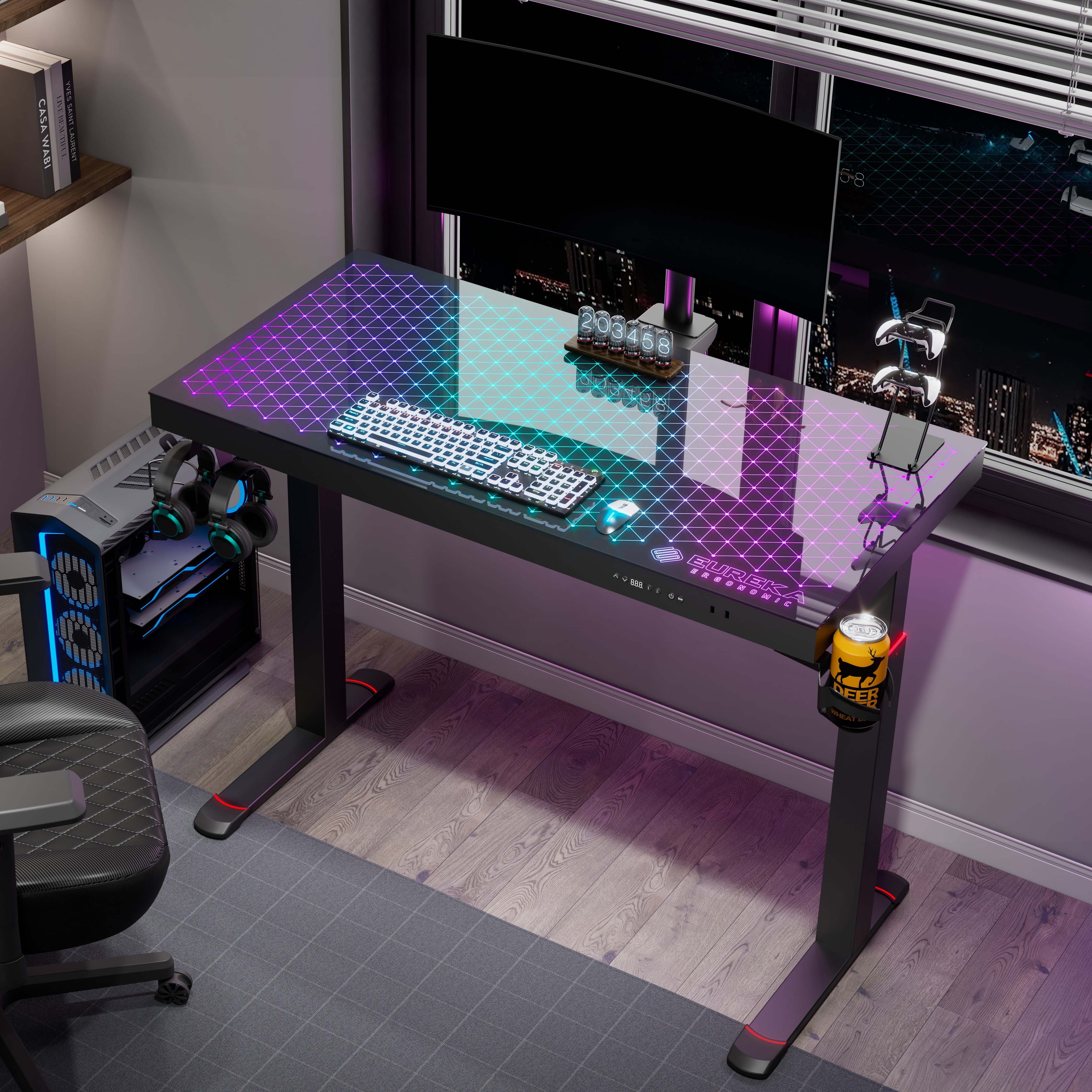 Eureka Ergonomic 47 inch Glass Gaming Standing Desk with Music Sensing RGB LED, Dual Motor