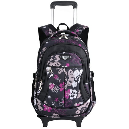 Kids Rolling Backpack,Flower Printed Foldable Carry-on Luggage Wheeled Backpack for 14-Inch