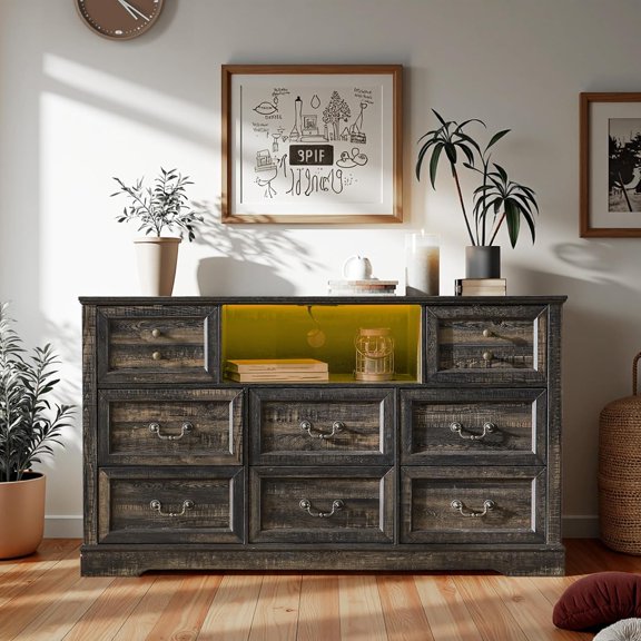 Dresser for Bedroom with Charging Station & Led Lights,55.02" TV Stand with 8 Drawers,Dressers & Chests of Drawers with Open Shelves,Hallway,55.02" W x 34.53" H x 15.77" D Rustic Oak