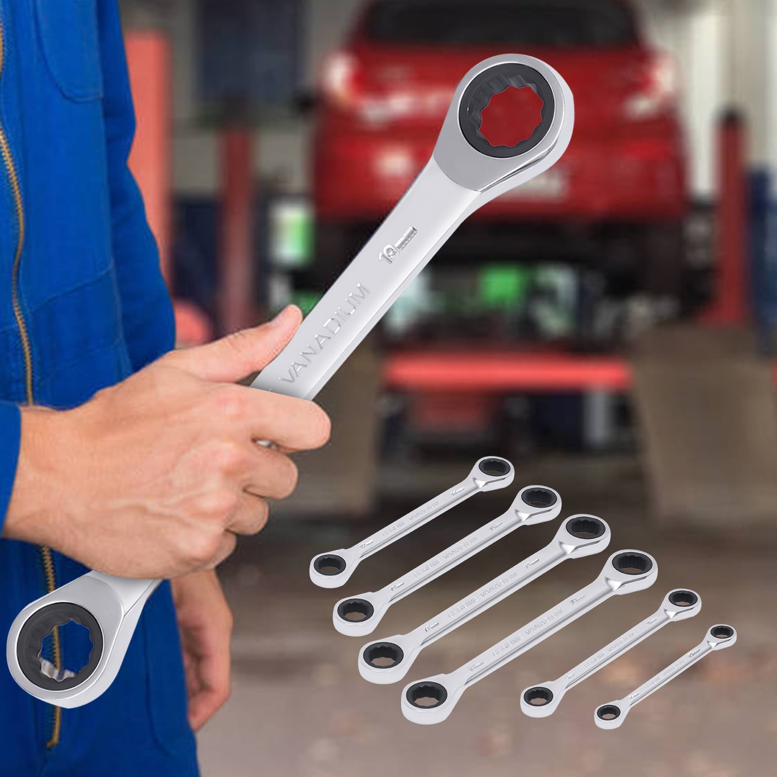 6-Piece Flex-Head Extra Long Ratcheting Wrenches Double Box End  45#Steel 72-Tooth Wrench Set with Metric 8mm - 19mm