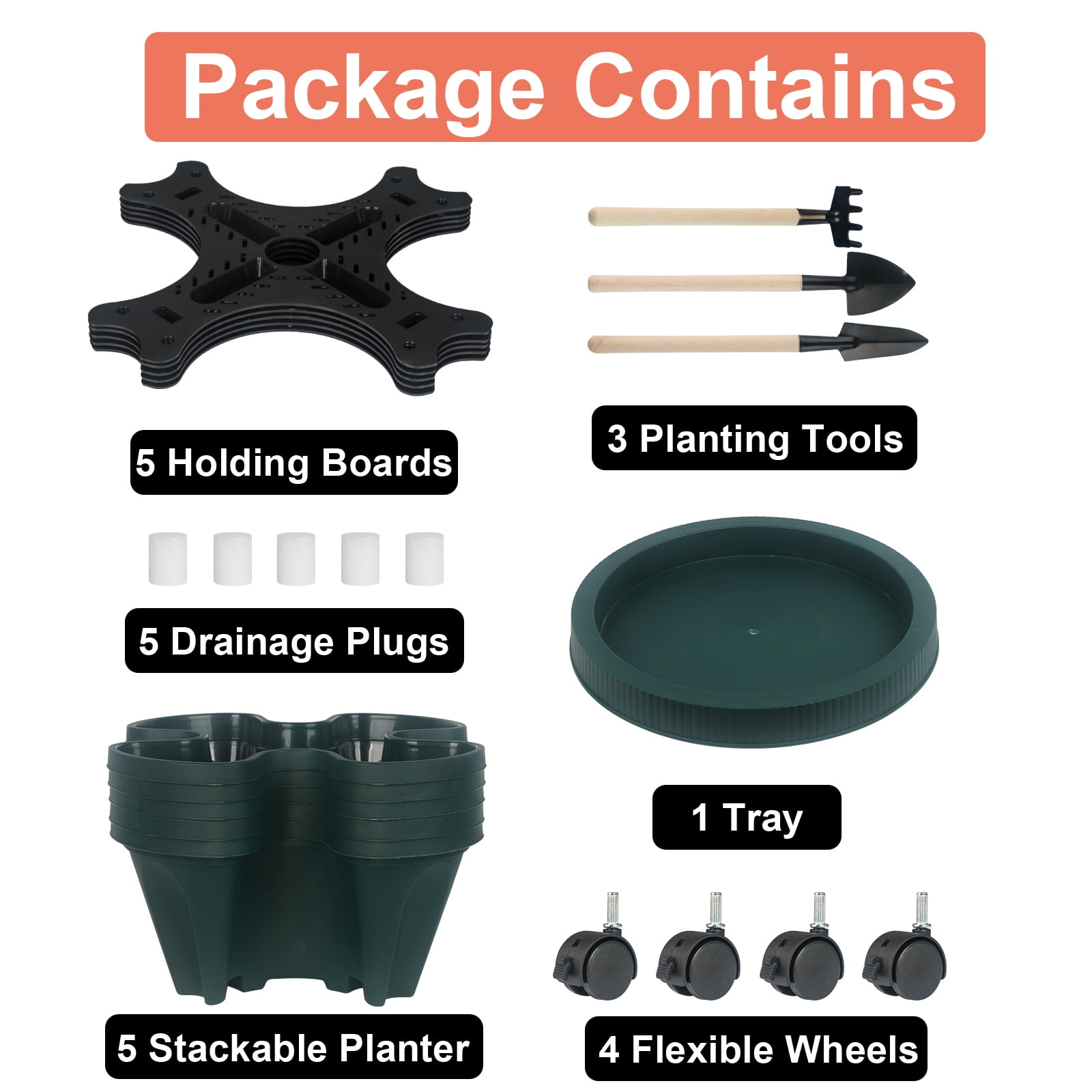 Gamexcel 5 Tier Stackable Tower Planter for Strawberry, Herb, Flower, and Vegetable - Vertical Garden Indoor/Outdoor Planter,Pine Green