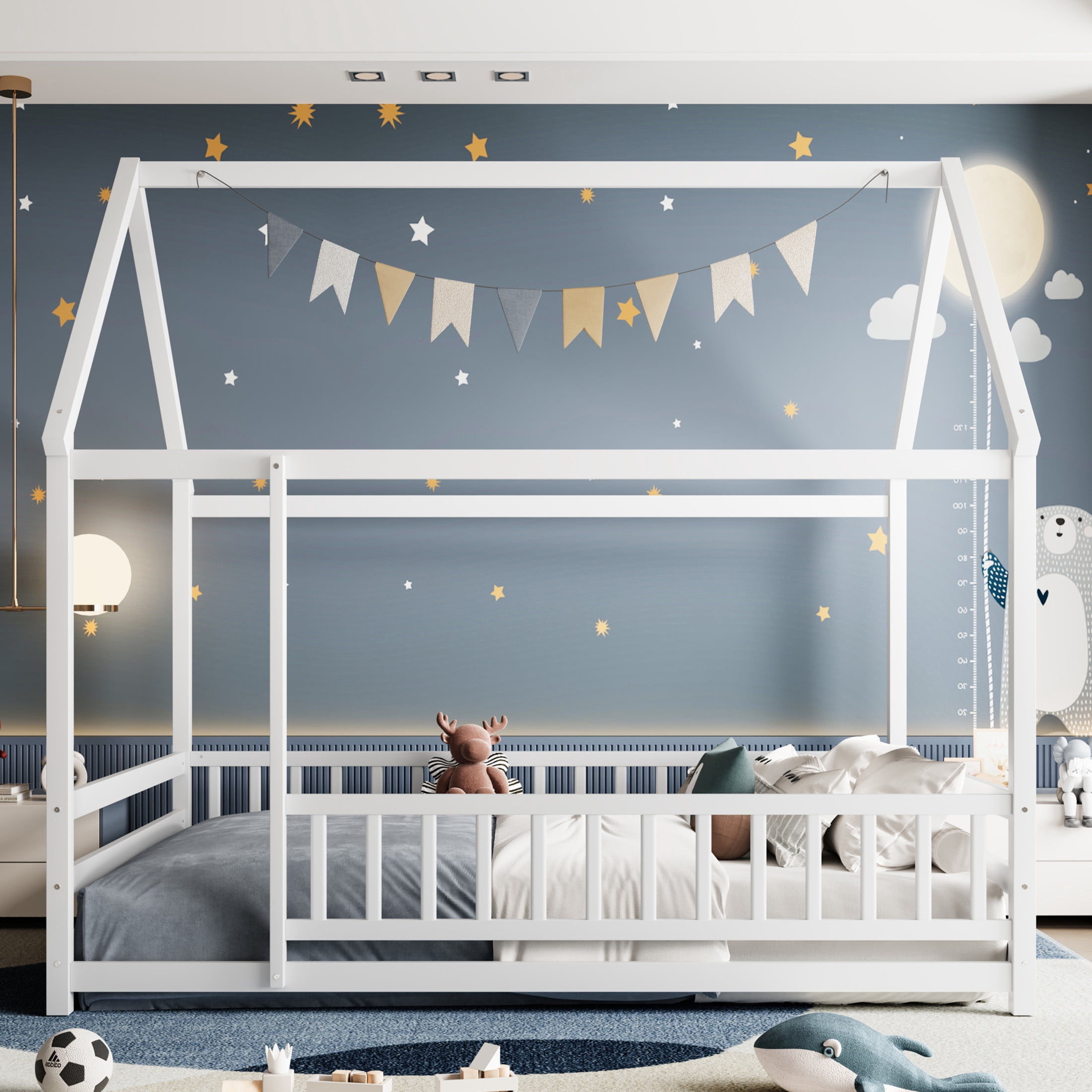 Noble House Full Size Montessori Floor Bed with House Roof Frame and Safety Guardrails, White