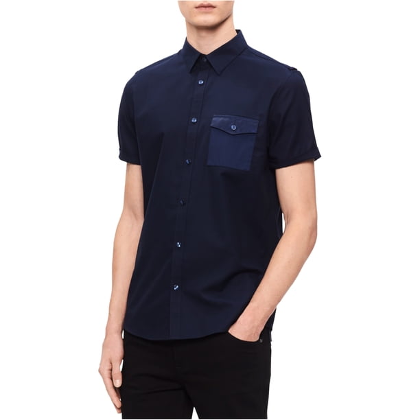Calvin Klein Camisa con botones de un solo bolsillo para hombre, azul, grande Calvin Klein Botones al frente