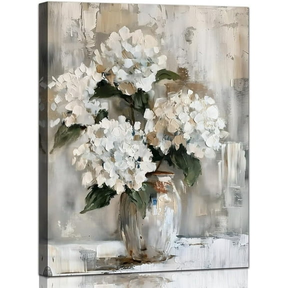 White Hydrangea Bathroom Wall Art Canvas Print 12x15 Inches Retro Farmhouse Style Floral Artwork for Bedroom Living Room Office Decor