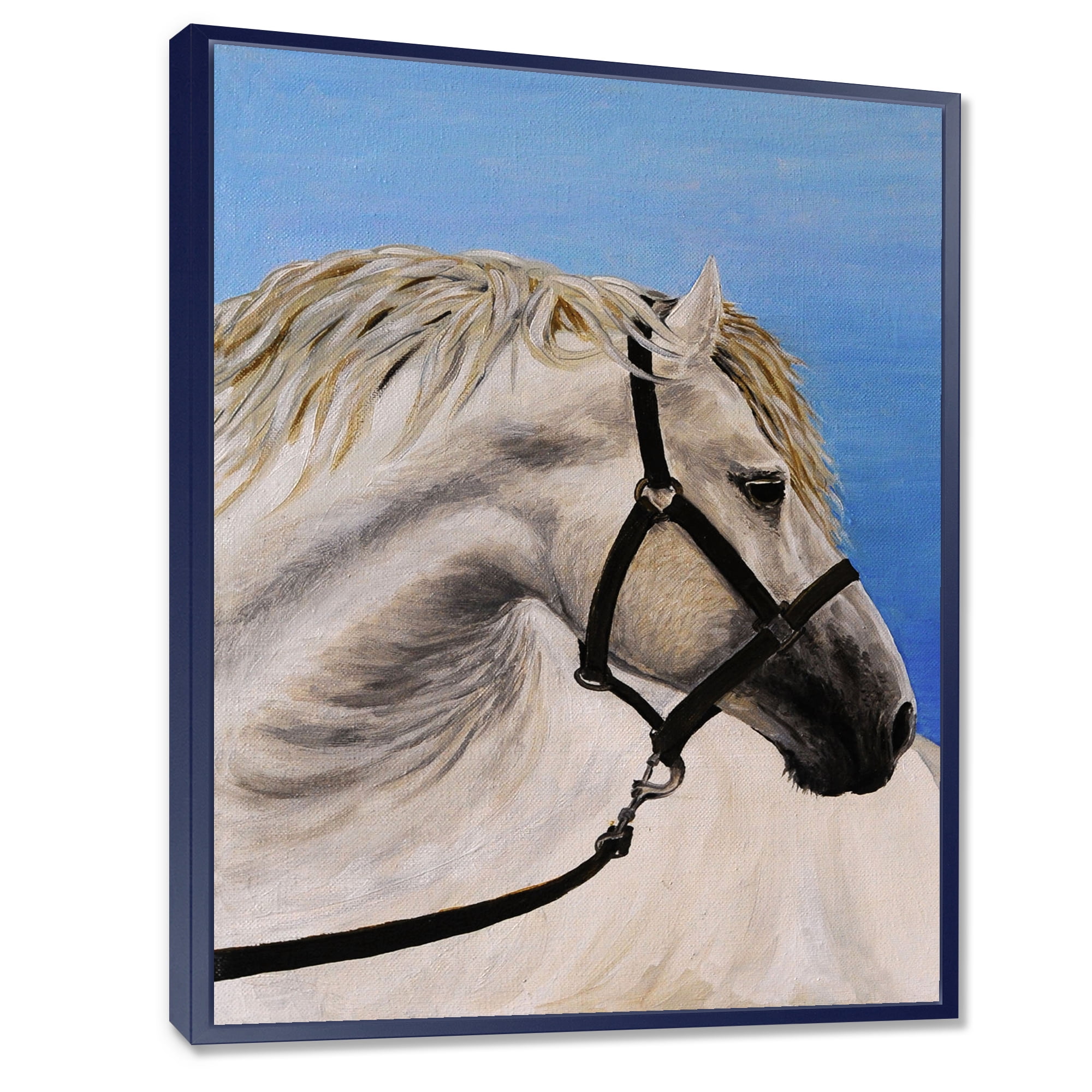 Close Up Of White Horse In The Furrow 16 in x 32 in Framed Photography Canvas Art Print, by Designart