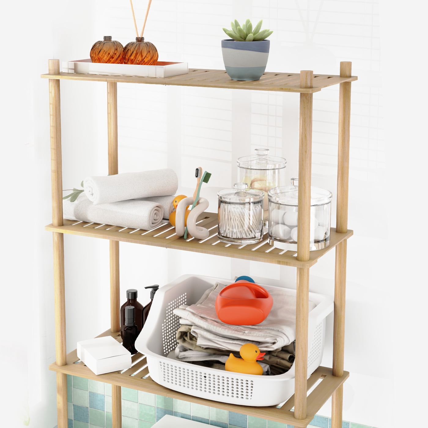 Bamboo Over the Toilet Storage Shelf, 3 Tier Freestanding Organizer Rack for Bathroom & Laundry Space-Saving Design Natural Color