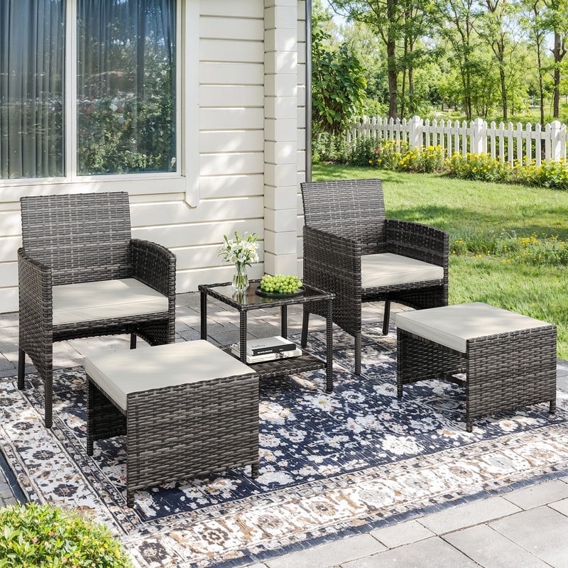 ELPOSUN 5-Piece Patio Furniture Set, Outdoor Patio Conversation Rattan Chair with Side Table & Storage Ottoman for Balcony, Porch, Deck, Poolside,Black Rattan,White