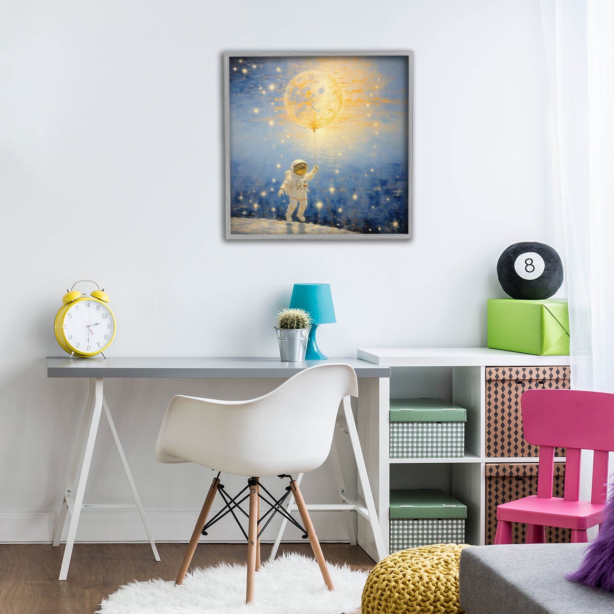 Astronaut with Dreamy Cosmic Balloon Gray Framed Giclee Art, design by Angie Hawke