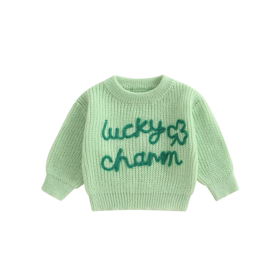 BemeyourBBs Toddler Baby Girl Boy St Patricks Day Sweater Outfits Irish Spring Fall Winter Sweaters Shamrock Letter Embroidery Long Sleeve Crew Neck Knitwear Pullover Tops