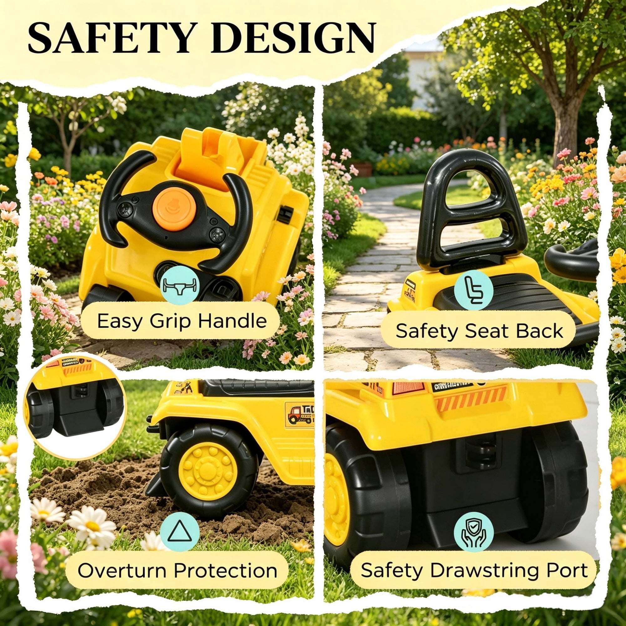 Kids Excavator Ride On with Pull Cart and Horn for Ages 18-48 Months