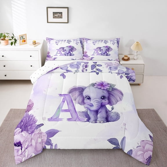 Erosebridal Cute Elephant Comforter Sets Queen Size,Personalized Letter A Comforters & Duvets,Personalized Gifts Bedding Queen Comforter Set For Boys Girls,Super Cozy Room Decor Reversible,3-Piece