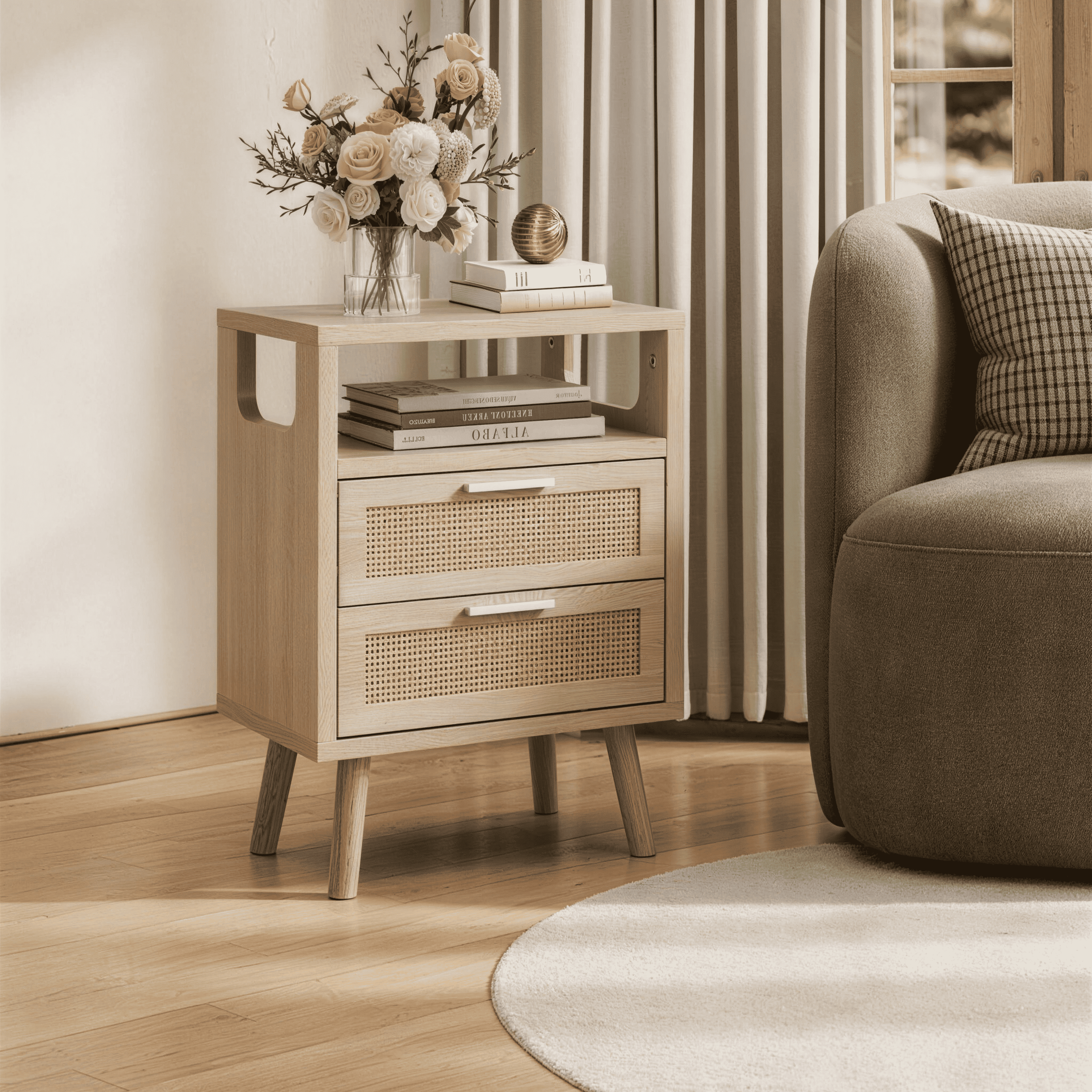 OTONIPU Rattan Nightstands Set of 2 with 2 Drawers, Modern Wood Bedside Tables with Gold Handles, Oak End Tables