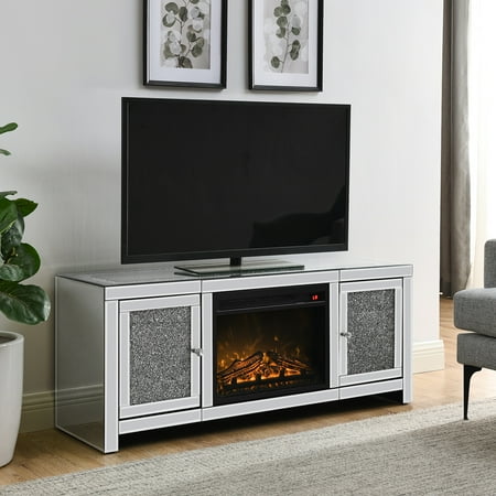 

COSVALVE Modern Mirrored Fireplace 47.2 Silver TV Stand Cabinet Entertainment Center with 2 Doors up to 55 Flat Screen