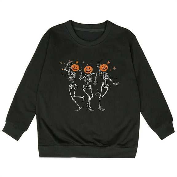 LIIPEE Girls Boys Sweatshirts Halloween Cartoon Skeleton Pumpkin Graphic Printed Long Sleeve Round Neck Pullover Sweatshirt Toddler Classic Family Gatherings Hoodies,Black,2-3 Years