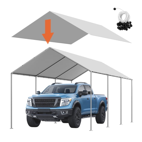 CAFORKP Heavy-Duty 10 x 20 Carport Canopy Tarp, Waterproof UV Protected Portable Garage Tent Cover with Bungee Ball Tie-Downs, Grey, No Frame