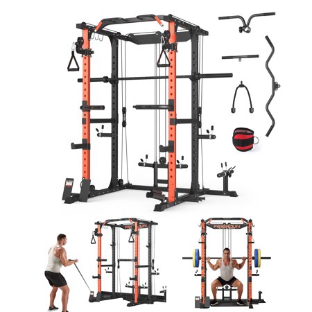 UPGO Multi-function Squat Rack Power Cage with 2000LBS Capacity, Cable Crossover System and Packages with Optional Weight Bench, Olympic Barbell Weight Set, for Garage & Home Gym, Orange