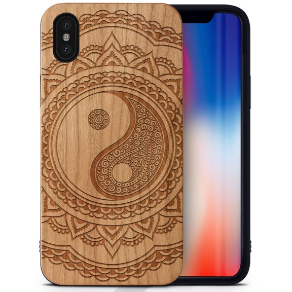 Case Yard Wooden Case Outside Soft TPU Silicone Slim Fit Shockproof Wood Phone Cover for Girls Boys Men and Women Supports Wireless Charging Ying Yang Mandala 2 Design case for iPhone-XS-Max